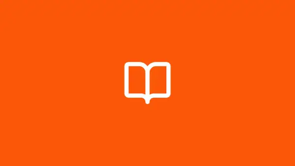 Icône de livre ouvert blanc sur fond orange vif. Un symbole qui pourrait être un en cours synonyme de savoir.