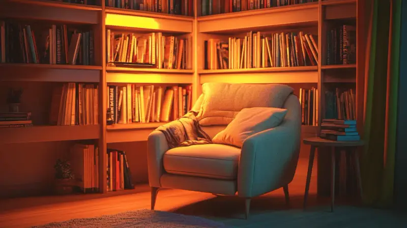 Un fauteuil confortable invite à la lecture dans ce havre de paix, entouré d'étagères remplies de livres.